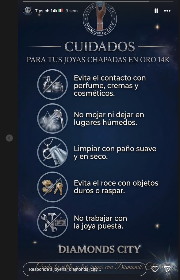 Historia de Instagram de Diamonds City con los cuidados para joyas chapadas en oro 14k